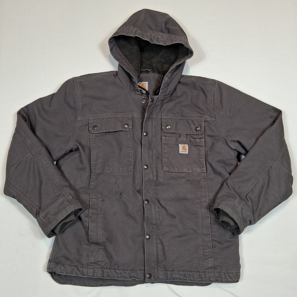 Carhartt Duck Bartlett Jacket Mens XL Grey Hooded Canvas Sherpa Lined 103826 GVL
